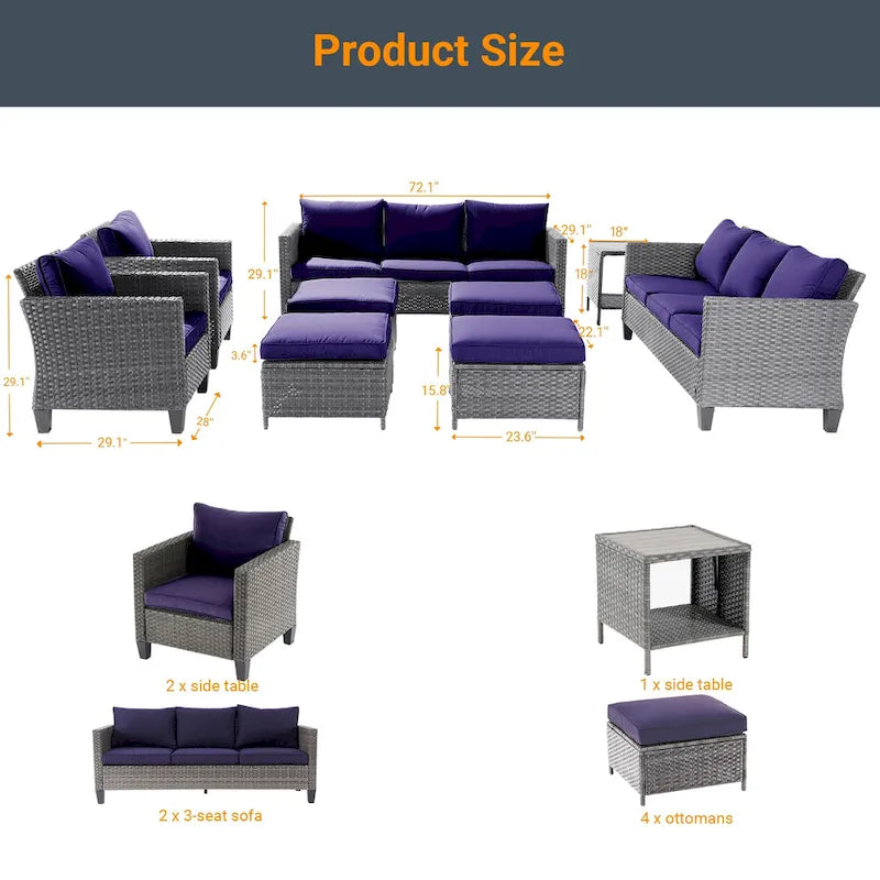 LIVOOSUN 9Pcs Patio Sofa Set Gray PE Wicker Outdoor Furniture Ottomans w/Table