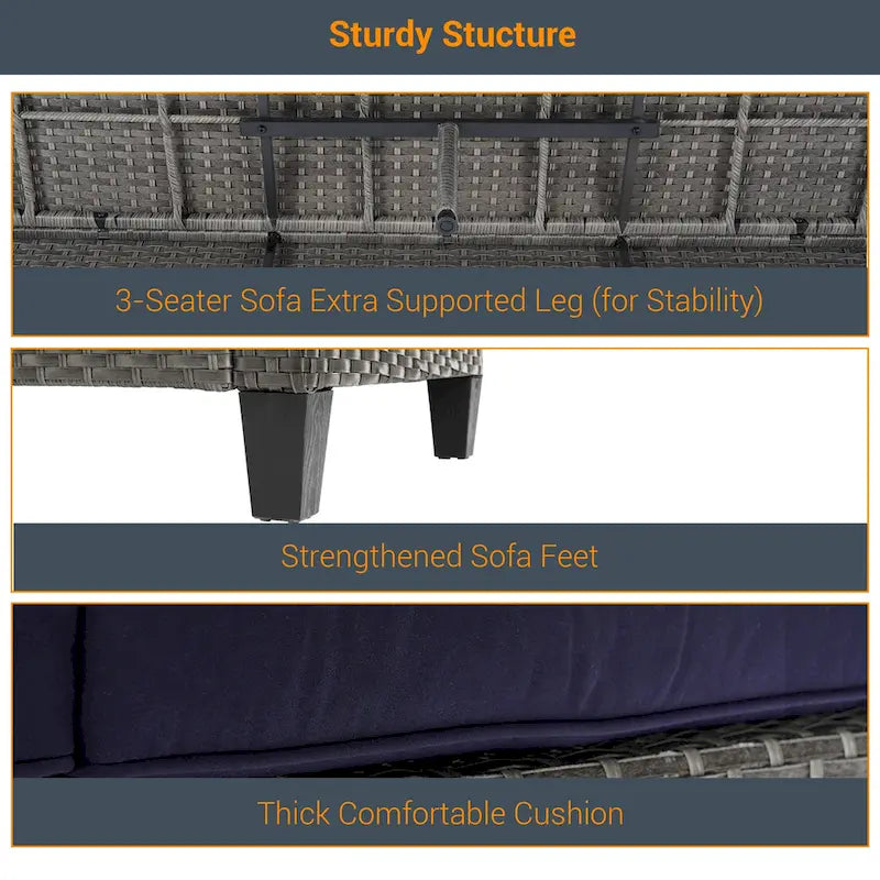 LIVOOSUN 9Pcs Patio Sofa Set Gray PE Wicker Outdoor Furniture Ottomans w/Table