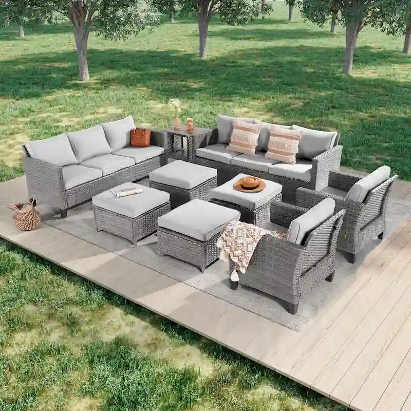 LIVOOSUN 9Pcs Patio Sofa Set Gray PE Wicker Outdoor Furniture Ottomans w/Table