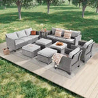 LIVOOSUN 9Pcs Patio Sofa Set Gray PE Wicker Outdoor Furniture Ottomans w/Table
