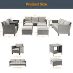 LIVOOSUN 9Pcs Patio Sofa Set Gray PE Wicker Outdoor Furniture Ottomans w/Table