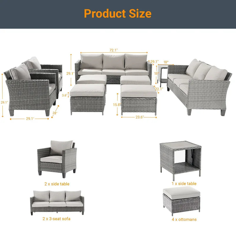 LIVOOSUN 9Pcs Patio Sofa Set Gray PE Wicker Outdoor Furniture Ottomans w/Table