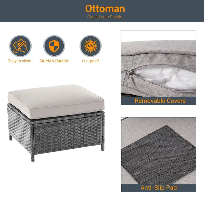 LIVOOSUN 9Pcs Patio Sofa Set Gray PE Wicker Outdoor Furniture Ottomans w/Table