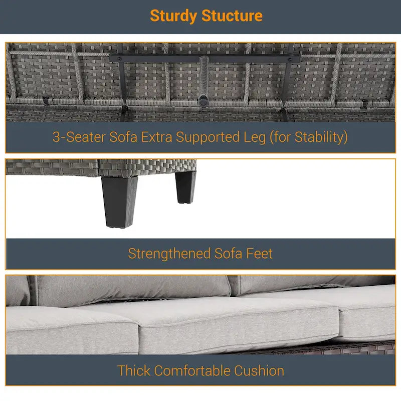 LIVOOSUN 9Pcs Patio Sofa Set Gray PE Wicker Outdoor Furniture Ottomans w/Table