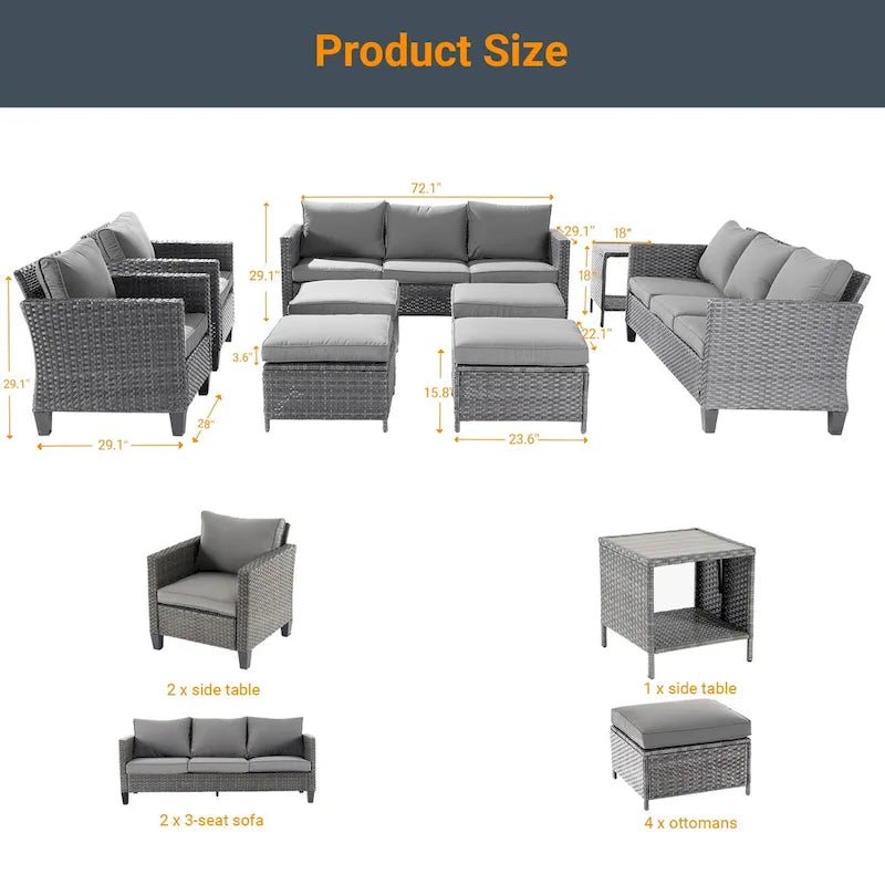 LIVOOSUN 9Pcs Patio Sofa Set Gray PE Wicker Outdoor Furniture Ottomans w/Table