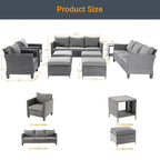 LIVOOSUN 9Pcs Patio Sofa Set Gray PE Wicker Outdoor Furniture Ottomans w/Table