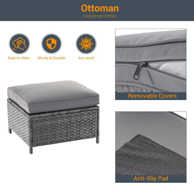 LIVOOSUN 9Pcs Patio Sofa Set Gray PE Wicker Outdoor Furniture Ottomans w/Table
