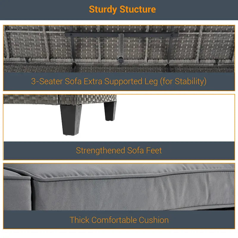 LIVOOSUN 9Pcs Patio Sofa Set Gray PE Wicker Outdoor Furniture Ottomans w/Table