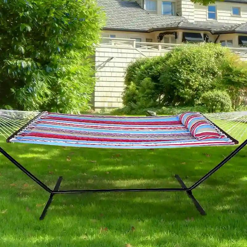 Hammock with Stand & Spreader Bars and Detachable Pillow, Heavy Duty, 450 Pound Capacity for Indoor/Outdoor (Blue Red)