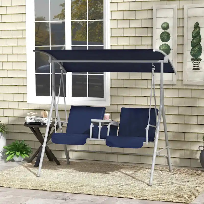 Outsunny 2 Person Porch Swing with Stand, Outdoor Swing with Canopy, Pivot Storage Table, 2 Cup Holders, Cushions for Patio,