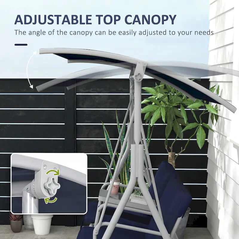 Outsunny 2 Person Porch Swing with Stand, Outdoor Swing with Canopy, Pivot Storage Table, 2 Cup Holders, Cushions for Patio,