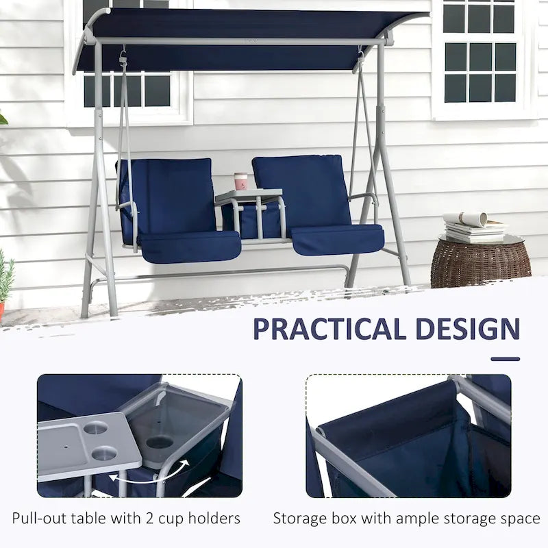 Outsunny 2 Person Porch Swing with Stand, Outdoor Swing with Canopy, Pivot Storage Table, 2 Cup Holders, Cushions for Patio,