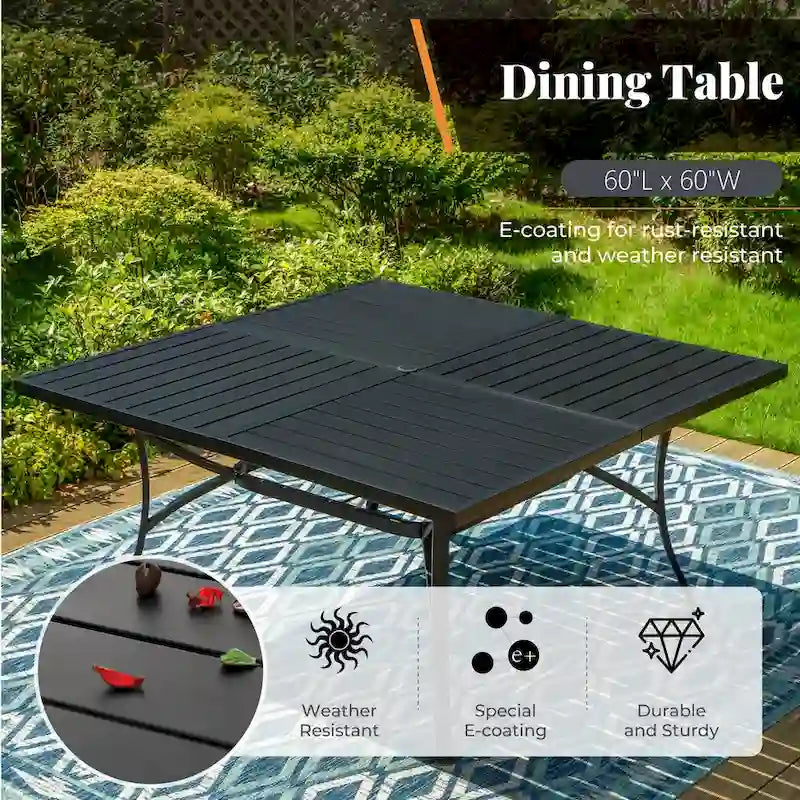 MAISON ARTS 9 Pieces Patio Dining Set, 60 Inch Square Metal Table and Rattan Dining Chairs