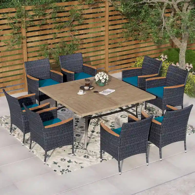MAISON ARTS 9 Pieces Patio Dining Set, 60 Inch Square Metal Table and Rattan Dining Chairs