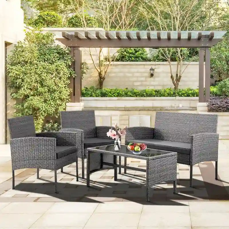 4 Piece Patio Conversation Wicker Furniture Set, Outdoor Rattan Sectional Furniture Set With Cushions for Yard Garden