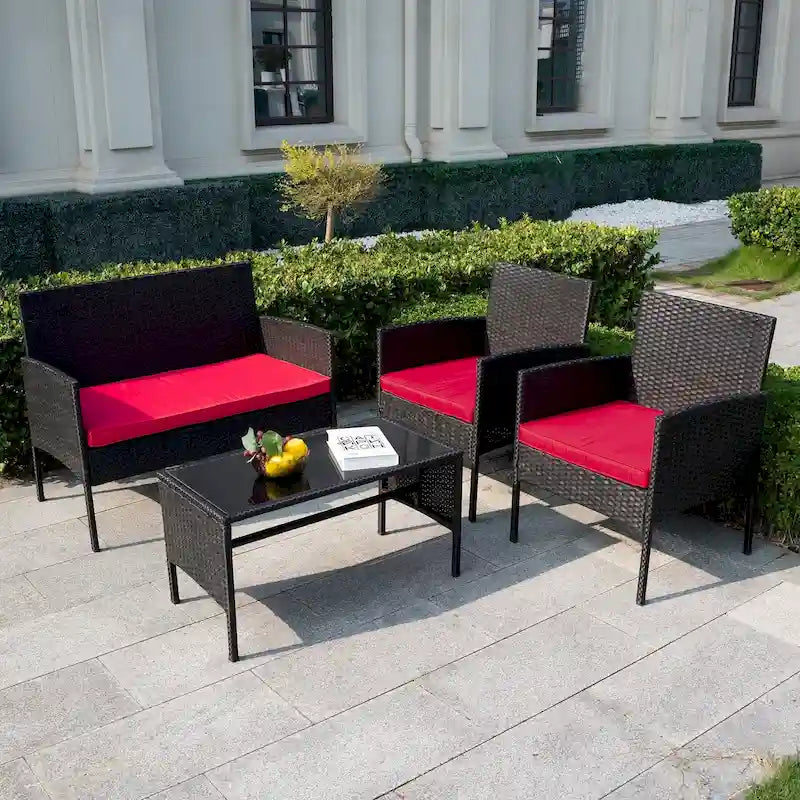 4 Piece Patio Conversation Wicker Furniture Set, Outdoor Rattan Sectional Furniture Set With Cushions for Yard Garden