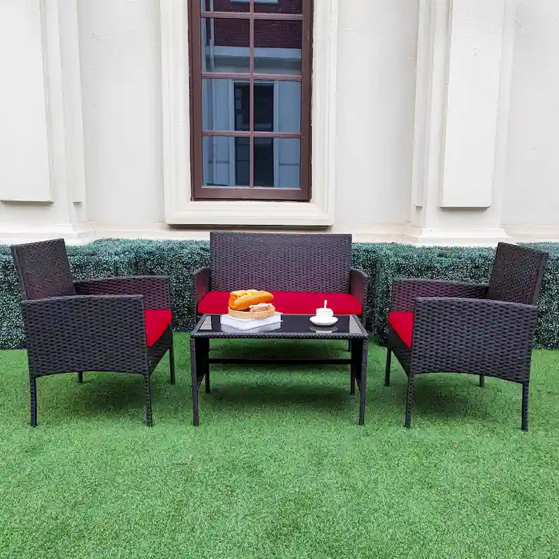 4 Piece Patio Conversation Wicker Furniture Set, Outdoor Rattan Sectional Furniture Set With Cushions for Yard Garden