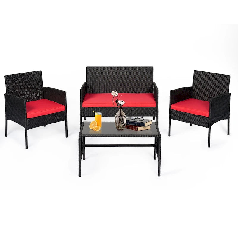 4 Piece Patio Conversation Wicker Furniture Set, Outdoor Rattan Sectional Furniture Set With Cushions for Yard Garden