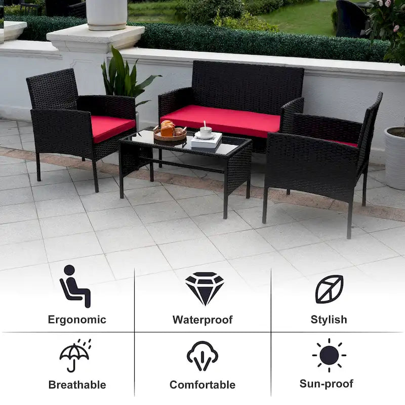 4 Piece Patio Conversation Wicker Furniture Set, Outdoor Rattan Sectional Furniture Set With Cushions for Yard Garden