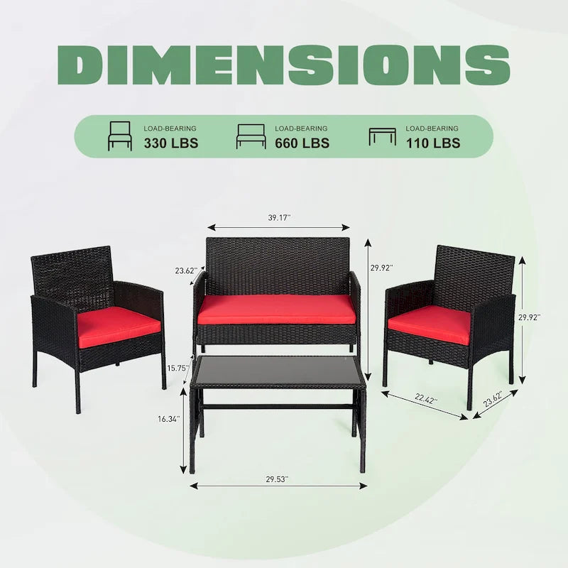 4 Piece Patio Conversation Wicker Furniture Set, Outdoor Rattan Sectional Furniture Set With Cushions for Yard Garden