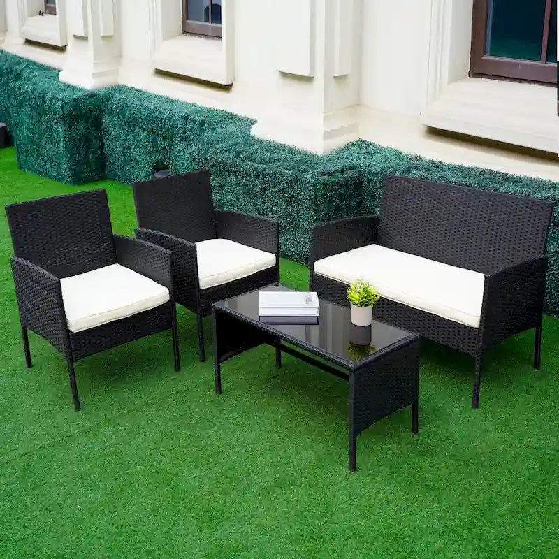 4 Piece Patio Conversation Wicker Furniture Set, Outdoor Rattan Sectional Furniture Set With Cushions for Yard Garden