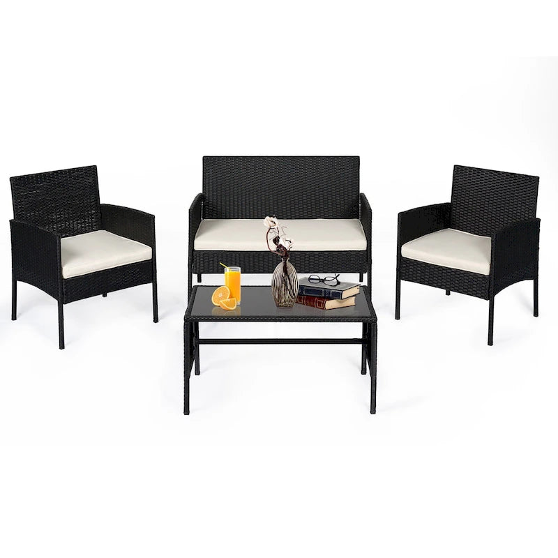 4 Piece Patio Conversation Wicker Furniture Set, Outdoor Rattan Sectional Furniture Set With Cushions for Yard Garden