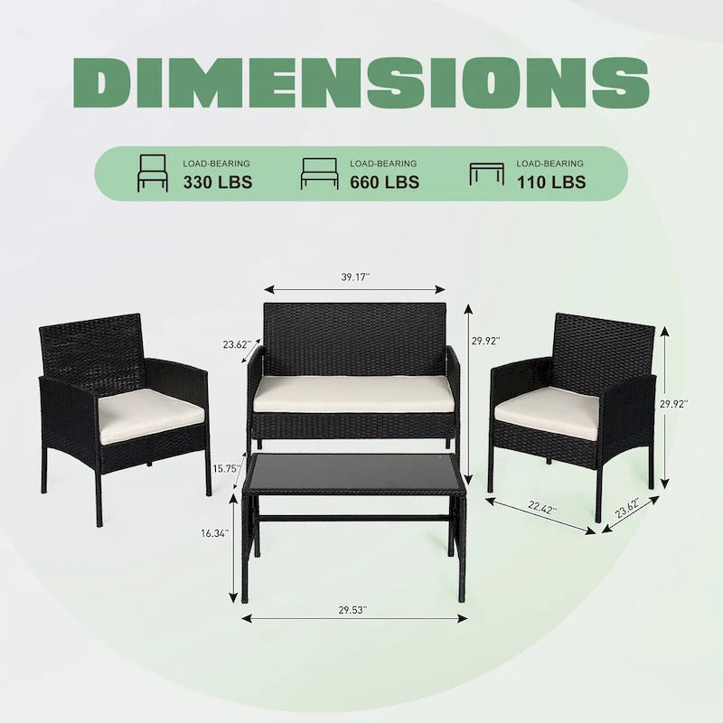4 Piece Patio Conversation Wicker Furniture Set, Outdoor Rattan Sectional Furniture Set With Cushions for Yard Garden