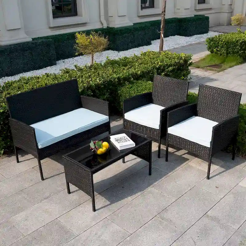 4 Piece Patio Conversation Wicker Furniture Set, Outdoor Rattan Sectional Furniture Set With Cushions for Yard Garden