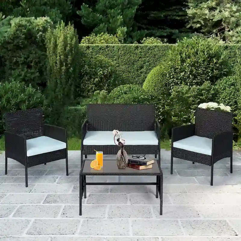 4 Piece Patio Conversation Wicker Furniture Set, Outdoor Rattan Sectional Furniture Set With Cushions for Yard Garden