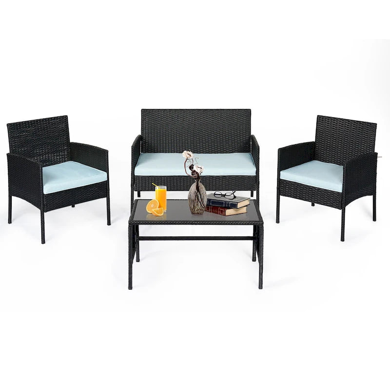 4 Piece Patio Conversation Wicker Furniture Set, Outdoor Rattan Sectional Furniture Set With Cushions for Yard Garden