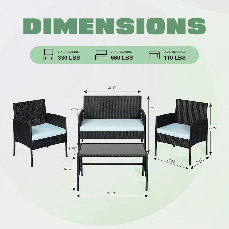 4 Piece Patio Conversation Wicker Furniture Set, Outdoor Rattan Sectional Furniture Set With Cushions for Yard Garden