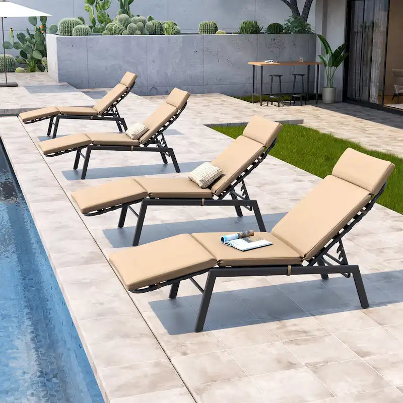 Outdoor Cushioned Chaise Lounge Chairs (Set of 4), Adjustable Reclining Sun Lounger