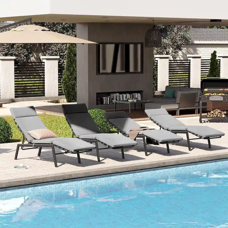 Outdoor Cushioned Chaise Lounge Chairs (Set of 4), Adjustable Reclining Sun Lounger