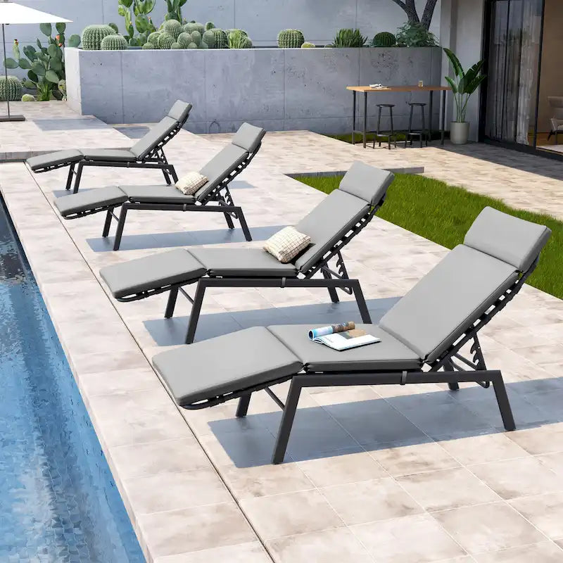 Outdoor Cushioned Chaise Lounge Chairs (Set of 4), Adjustable Reclining Sun Lounger
