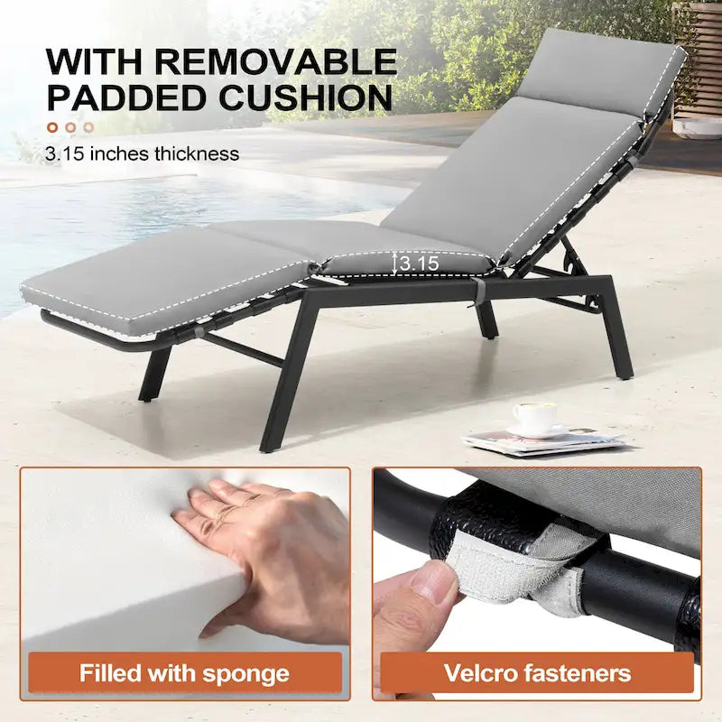 Outdoor Cushioned Chaise Lounge Chairs (Set of 4), Adjustable Reclining Sun Lounger