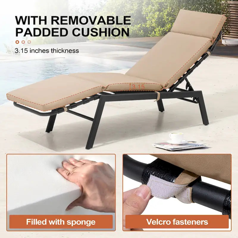 Outdoor Cushioned Chaise Lounge Chairs (Set of 4), Adjustable Reclining Sun Lounger