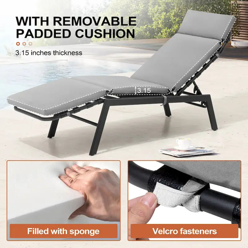 Outdoor Cushioned Chaise Lounge Chairs (Set of 4), Adjustable Reclining Sun Lounger