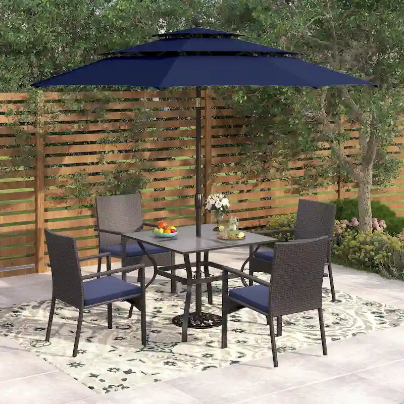 Seats up to 4 Outdoor Dining Sets, 37 Square Metal Bistro Table with Umbrella Hole and 4 Rattan Garden Chairs