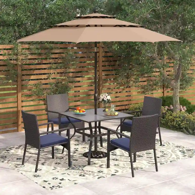 Seats up to 4 Outdoor Dining Sets, 37 Square Metal Bistro Table with Umbrella Hole and 4 Rattan Garden Chairs