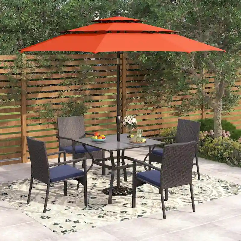Seats up to 4 Outdoor Dining Sets, 37 Square Metal Bistro Table with Umbrella Hole and 4 Rattan Garden Chairs