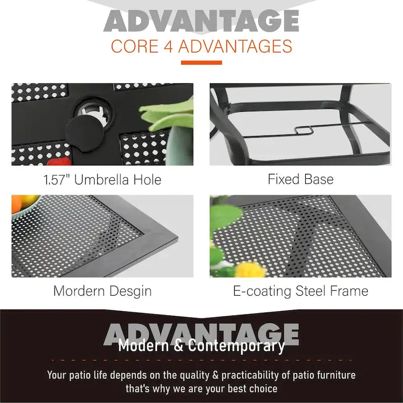 Seats up to 4 Outdoor Dining Sets, 37 Square Metal Bistro Table with Umbrella Hole and 4 Rattan Garden Chairs