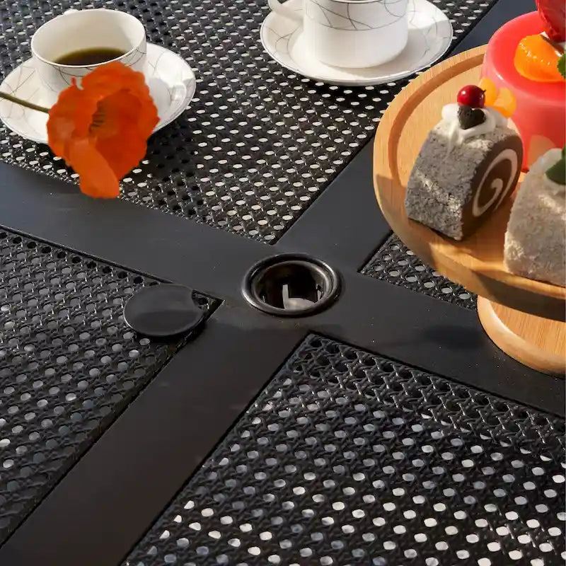 Seats up to 4 Outdoor Dining Sets, 37 Square Metal Bistro Table with Umbrella Hole and 4 Rattan Garden Chairs