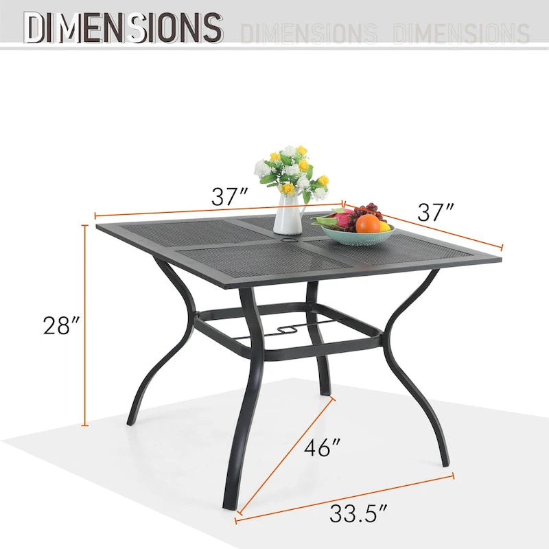 Seats up to 4 Outdoor Dining Sets, 37 Square Metal Bistro Table with Umbrella Hole and 4 Rattan Garden Chairs