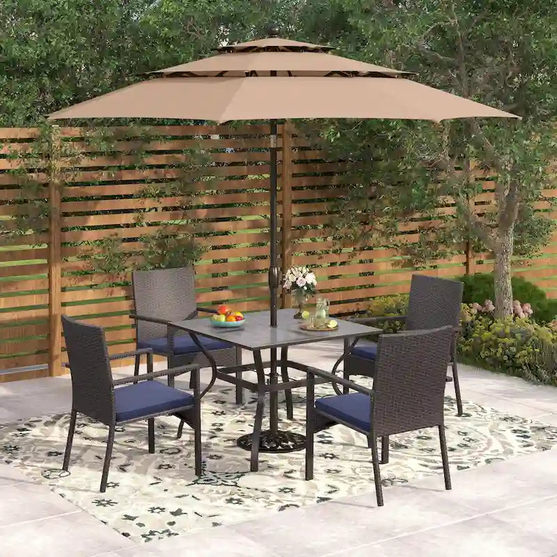 Seats up to 4 Outdoor Dining Sets, 37 Square Metal Bistro Table with Umbrella Hole and 4 Rattan Garden Chairs