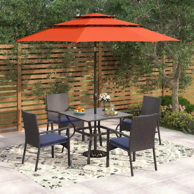 Seats up to 4 Outdoor Dining Sets, 37 Square Metal Bistro Table with Umbrella Hole and 4 Rattan Garden Chairs