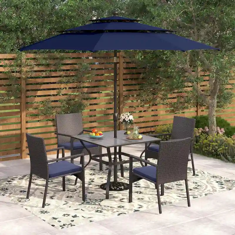 Seats up to 4 Outdoor Dining Sets, 37 Square Metal Bistro Table with Umbrella Hole and 4 Rattan Garden Chairs