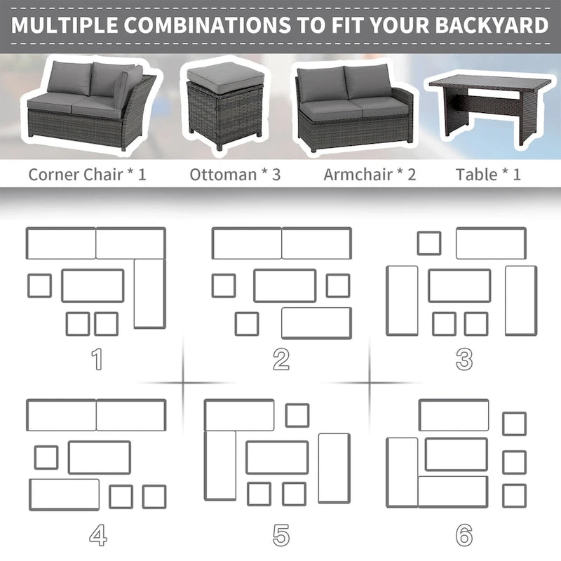 AECOJOY 7PCS Outdoor Patio Wicker Rattan Furniture Set Sectional Sofa