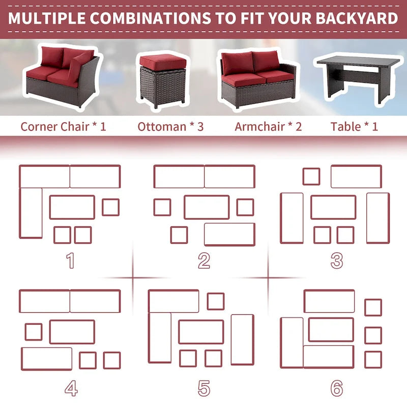 AECOJOY 7PCS Outdoor Patio Wicker Rattan Furniture Set Sectional Sofa