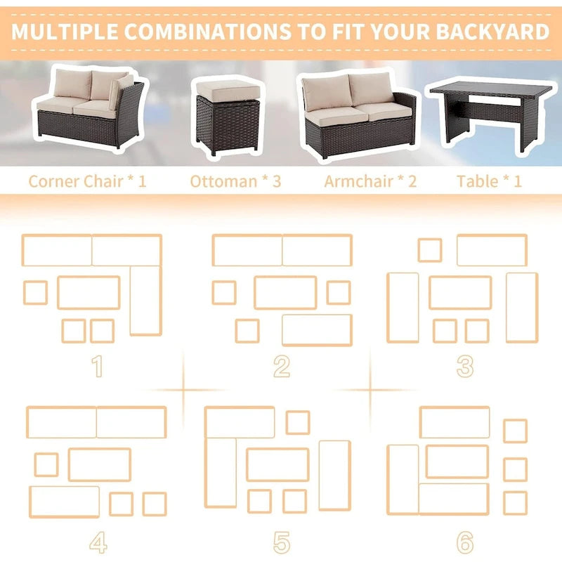 AECOJOY 7PCS Outdoor Patio Wicker Rattan Furniture Set Sectional Sofa