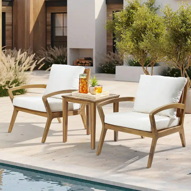 Outdoor Acacia Wood 2 Seater Chat Set with Cushions, Outdoor Bistro Set Furniture